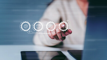 Woman pointing screen of online e-learning icons for increase business working, Technology course, signifying modern online education methods, E learning technology concept