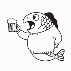 Funny Cartoon Fish in Sweater Holding Beer Mug - Humorous Angler's Pub Mascot Doodle