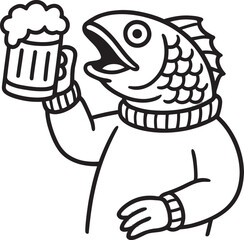 Funny Fish Head Character in Sweater Holding Beer Mug – Hand Drawn Black and White Cartoon Vector Illustration for Bar, Pub, and Seafood Themes