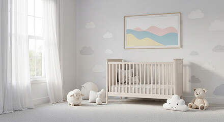 A serene and inviting nursery room bathed in soft, natural light, furnished with a crib, plush toys, and gentle decorative elements. Create a cozy and comforting ambiance for a baby's sanctuary.
