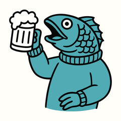 Cartoon Fish Character in Sweater Holding Beer Mug – Funny Colored Vector Illustration for Bar, Brewery, Seafood Restaurant, and Humor Design Concepts