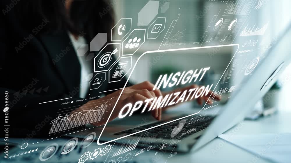 Poster business professional analyzing data and creating insights on laptop for optimization strategy in mo