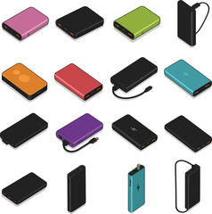 Isometric vector illustration set of modern colorful power banks and portable chargers, ideal for technology, mobile devices, charging solutions, and travel electronics.