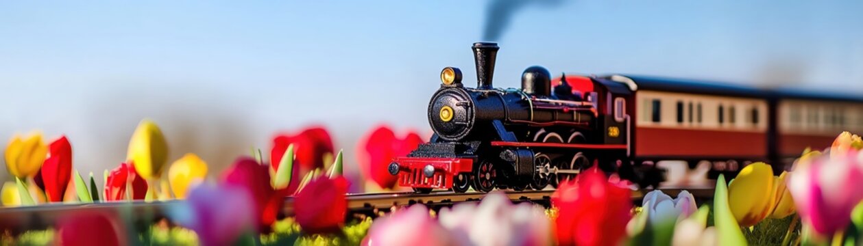 A charming toy train chugging along tracks set amidst a vibrant field of blooming tulips under a clear sky