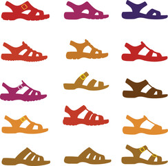 Fototapeta premium Diverse vector collection of colored sandals and open-toed footwear styles, perfect for fashion, summer, casual wear, and outdoor adventure designs.