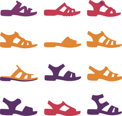 Diverse vector collection of colored sandals and open-toed footwear styles, perfect for fashion, summer, casual wear, and outdoor adventure designs.