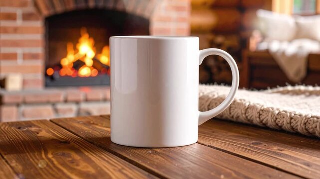 White coffee mug mockup on a rustic wooden table. In the background, a cozy fireplace is burning, creating a warm and relaxing atmosphere. Perfect for winter themes, branding, or advertising.