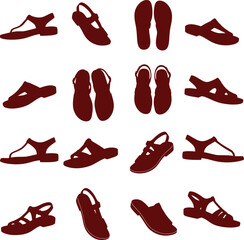 Diverse vector collection of colored sandals and open-toed footwear styles, perfect for fashion, summer, casual wear, and outdoor adventure designs.