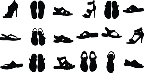Comprehensive vector silhouettes of various sandals and open-toed footwear styles, perfect for fashion, summer, casual wear, and outdoor-themed designs.