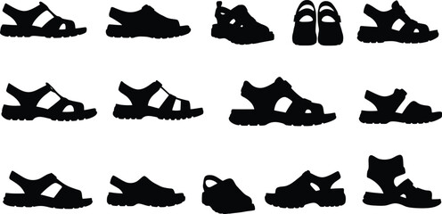 Comprehensive vector silhouettes of various sandals and open-toed footwear styles, perfect for fashion, summer, casual wear, and outdoor-themed designs.