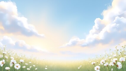 A field of white flowers under a blue sky with fluffy clouds
