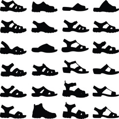 Comprehensive vector silhouettes of various sandals and open-toed footwear styles, perfect for fashion, summer, casual wear, and outdoor-themed designs.