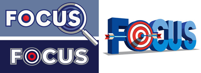 Flat design variations of the word FOCUS with magnifying glass and target theme, ideal for analysis, research, attention, and business concepts