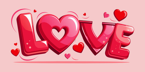 Glossy red 3D text LOVE with balloon-style letters surrounded by hearts and vibrant pink tones, ideal for Valentine’s Day and romance themes