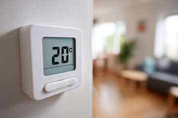 Digital thermostat displaying temperature at 20 degrees Celsius in a modern living room