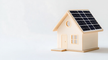 Miniature eco-friendly house with solar panels on a white background, showcasing sustainable living and renewable energy. Conceptual, clean energy.