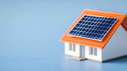 Model house with solar panel on roof. A symbol of green, sustainable energy for homes. Modern environmentally friendly design.