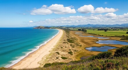 Beautiful coastline with turquoise water, sandy beach, and green land