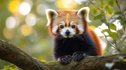 Fototapeta premium A red panda perched attentively on a branch in a lush green forest habitat