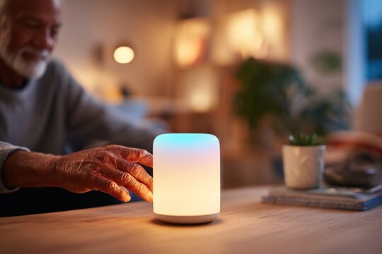 Elderly man enjoying relaxation at home with ambient lighting during evening hours