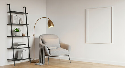 A serene reading nook, featuring a comfortable armchair, a stylish floor lamp, a decorative shelving unit, and a blank framed artwork. Perfect for those seeking a space for relaxation, reflection.