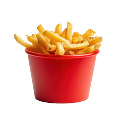 Golden french fries in a red container isolated on a transparent background potato fried