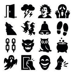 Halloween icons: spooky silhouettes of ghosts, witches, and more