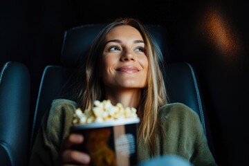 Young woman enjoying a movie at the cinema with popcorn
