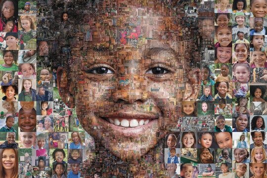 Mosaic of faces illustrates diverse and inclusive school environment. Futuristic schools. Commissioner urges queensland to rethink segregated school plans for inclusivity. Data-driven talks.