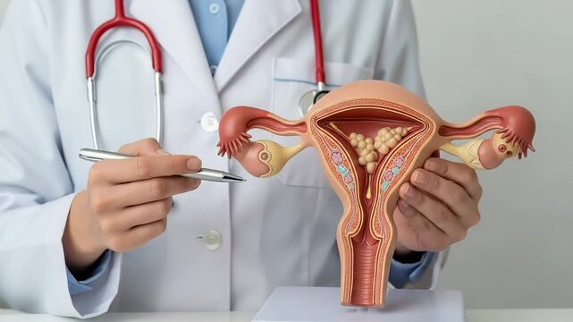 A doctor in a white coat holds a model of the female reproductive system, highlighting the uterus and ovaries with a focus on potential abnormalities