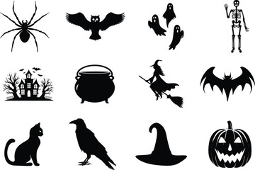 Fototapeta premium set of halloween element silhouette collection. Black and white vector editable file. pumpkin, ghost, cat, cauldron, horror house, female witch ride, owl, raven bird, skeleton, spider, witch hat