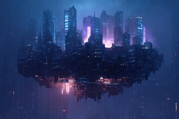 Floating Futuristic Night City with Neon