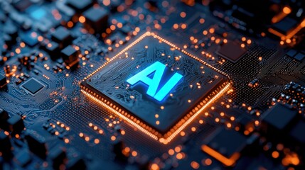 Fototapeta premium Blue AI glows on complex circuit board