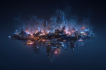 Floating Futuristic Night City with Neon