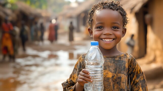 An African child happily holding up a water bottle with village life in the background