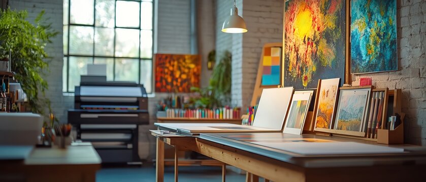 Bright creative studio with large printer and color charts
