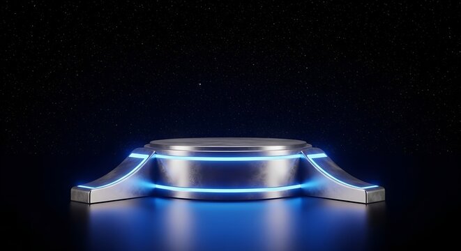 Futuristic platform shines with cosmic background