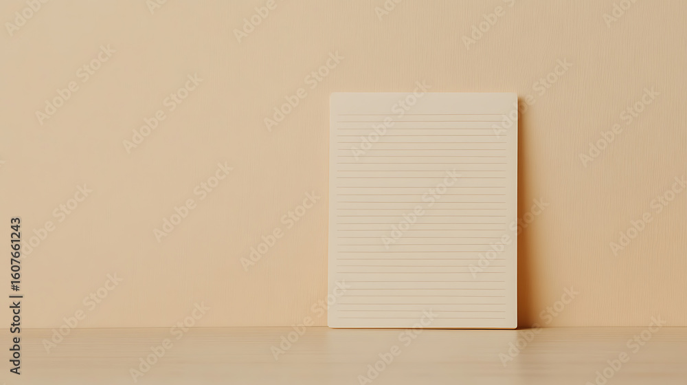 Poster beige notebook with horizontal lines on a matching surface against a solid wall, creating a minimali