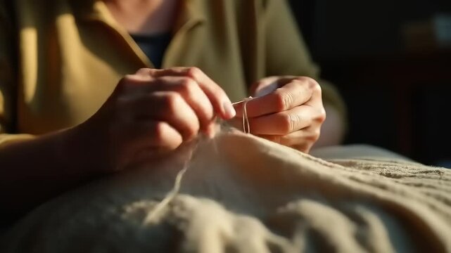 Womans hands sewing fabric indoors.