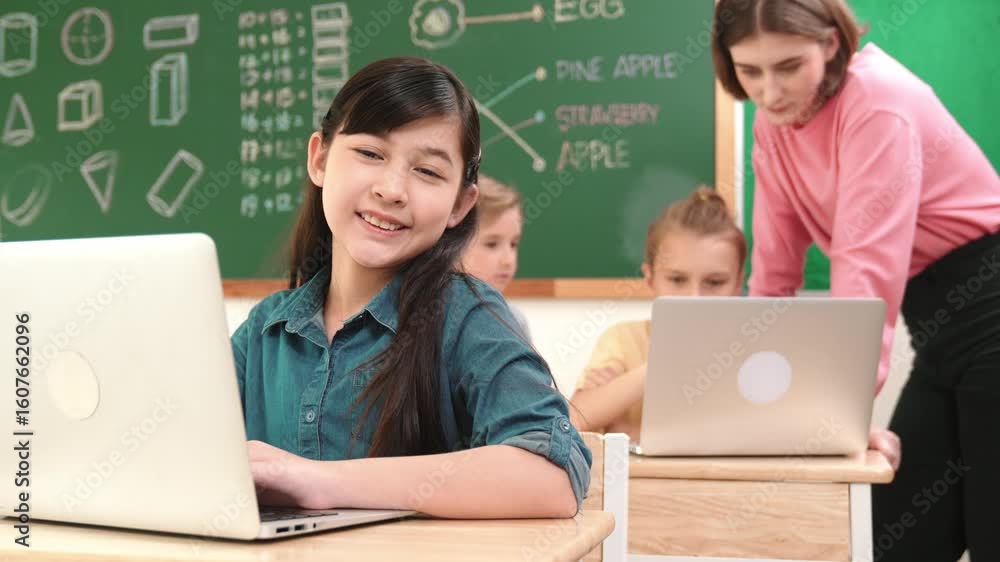 Poster smart asian girl looking at camera while coding engineering prompt. multicultural student learning a