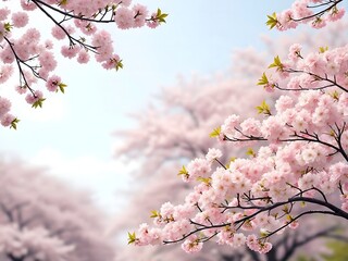 Macro cherry blossom branch in bloom with soft focus on light blue sky background in sunlight with copy space. Beautiful flowers image of spring nature.