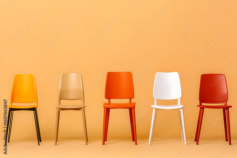 Poster colorful chairs in a row - a minimalist view of modern seating. each chair displays a unique color, 