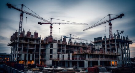 Buildings being constructed, cranes high against moody sky, concrete & steel