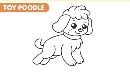 Toy Poodle mid jump in simple outline style on white background space for title educational use.