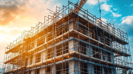 Building's concrete structure with scaffolding against a bright blue sky