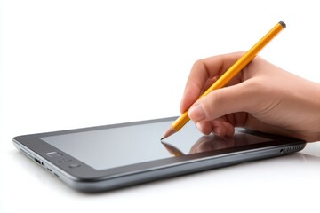Hand Using Pencil on School Tablet for Digital Learning