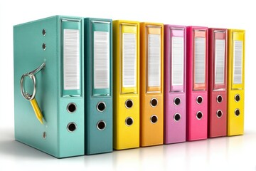 Organizing Worksheets and Papers With Colorful Binders on a Clean White Background