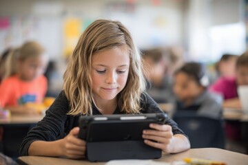 Engaged Students Using Tablets for Learning in a Brightly Lit Classroom Setting