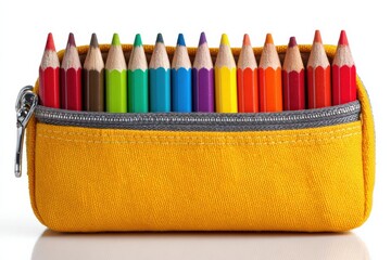 Vibrant Color Pencil Case With Assorted Colored Pencils on White Background