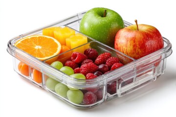 Colorful School Lunchbox Filled With Fruits and Snacks on a White Background